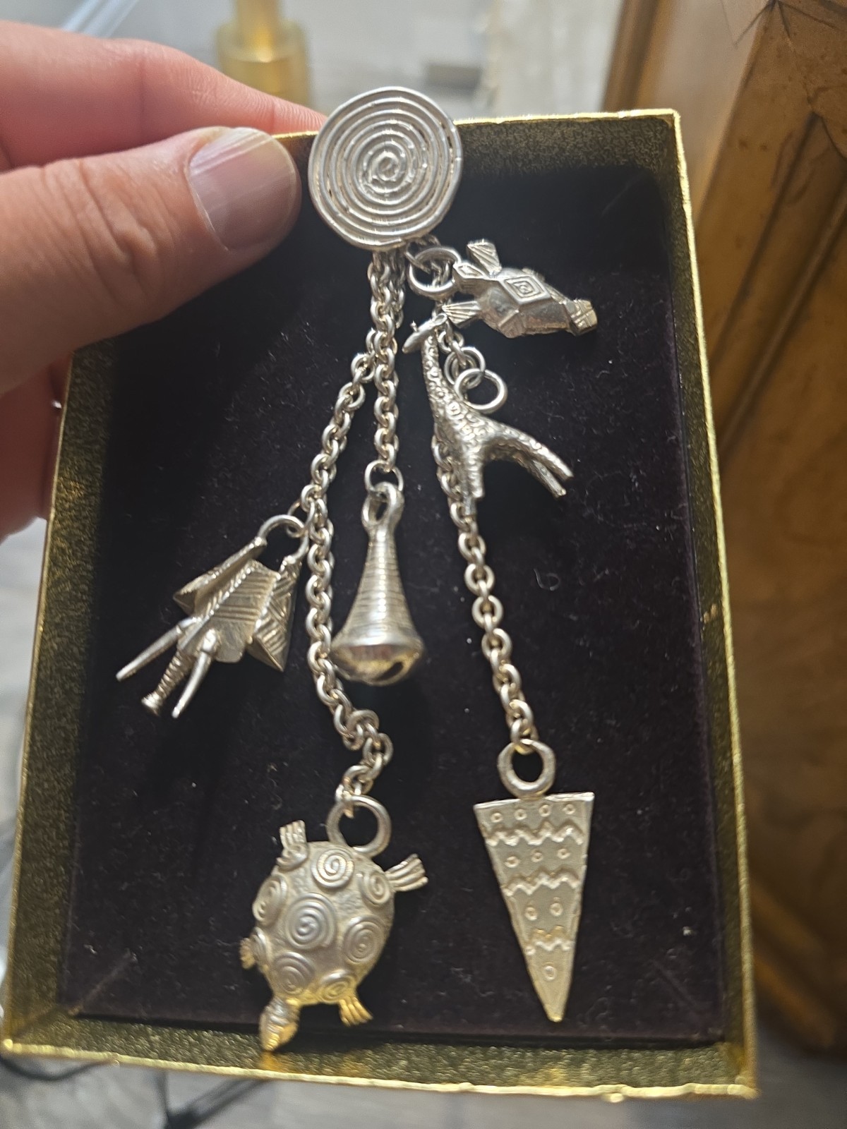 Susan Cummings sterling silver charm necklace African animals abstract tribal
