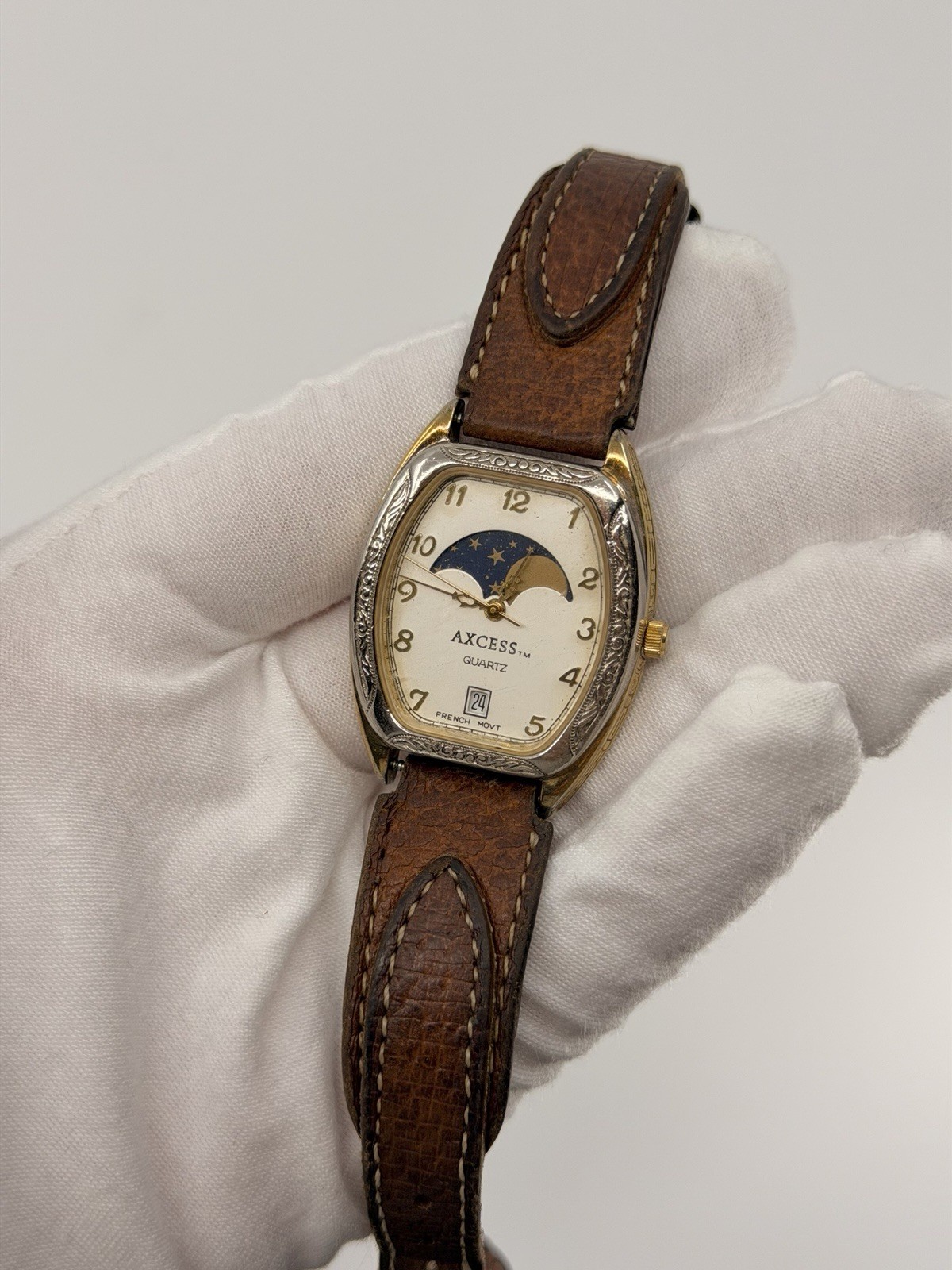 Vintage AXCESS Moon Phase Quartz Watch French Movt Date Western Leather Band