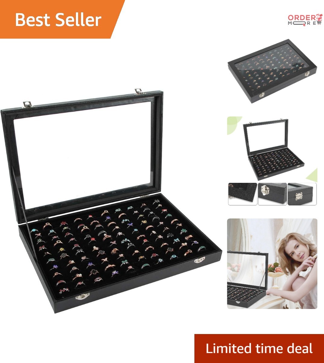 Ring Organizer Faux Leather 100 Slots Display Case Dustproof Elegant Showcase