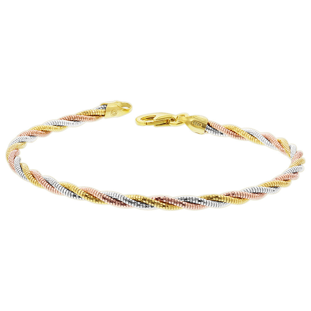 Three Tone Gold Plated Over 925 Sterling Silver Twisted Rope Chain Bracelet 7.5″