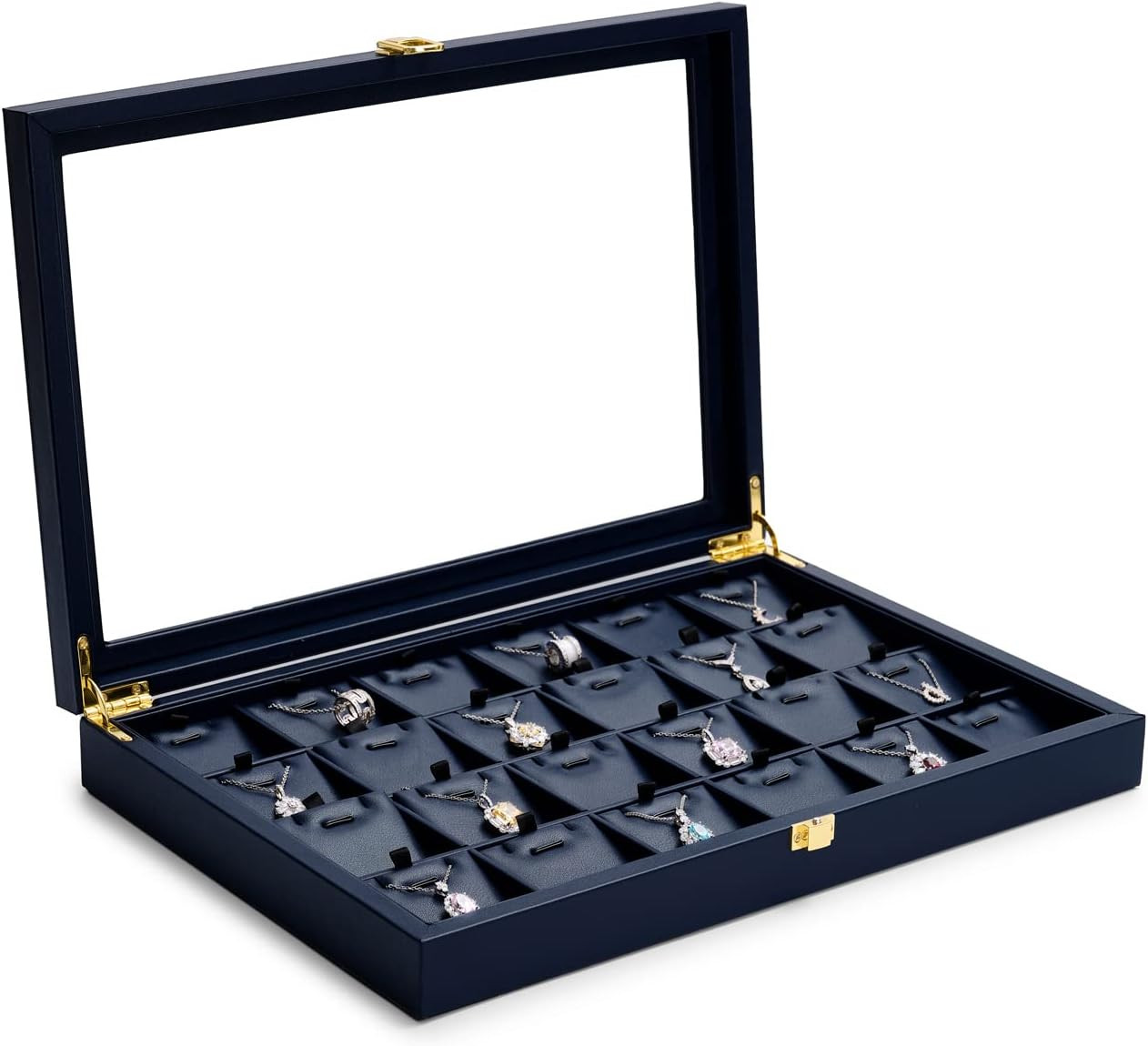 Premium Blue Leather Jewelry Tray with 24 Grid Removable Jewelry Cards Jewelry O