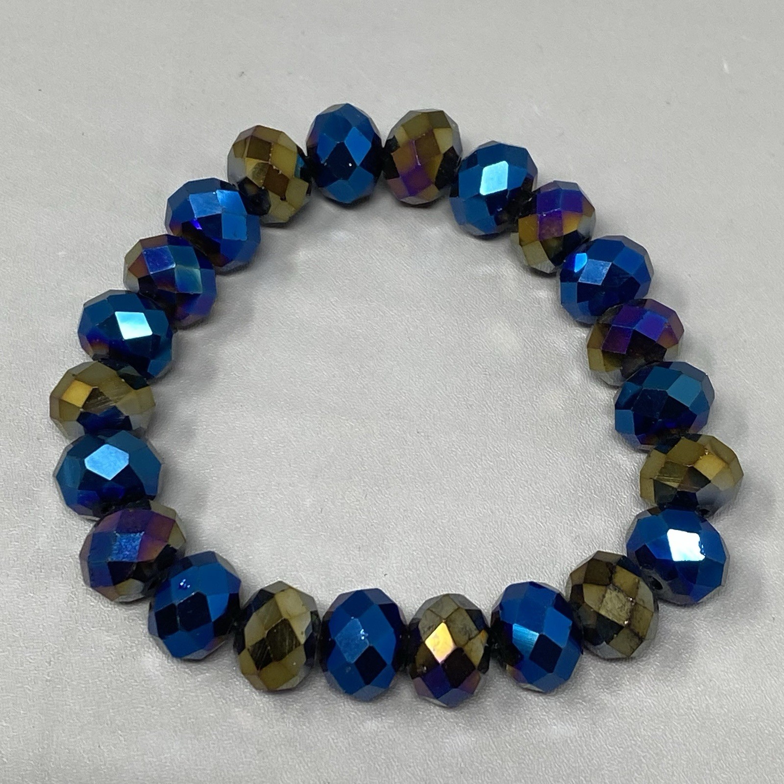 Blue Brown Metallic Bead Bracelet Stretch Faceted Glass Coated Iridescent 6.75″