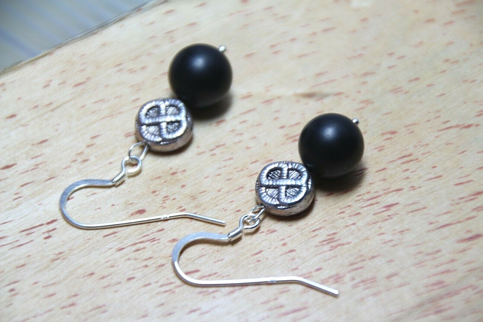Graphite Black 10mm Ball Natural Gemstone Earrings .925 Sterling Silver 1 1/2″