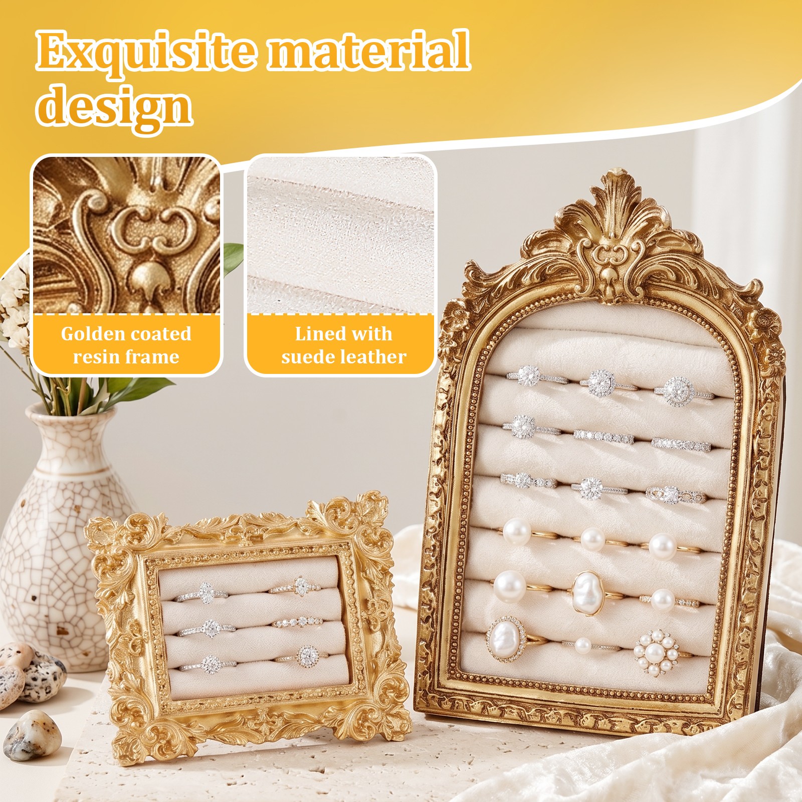 Vintage Ring Holder Arch Gold Ring Wedding Display Suede Jewelry Box Stand Frame