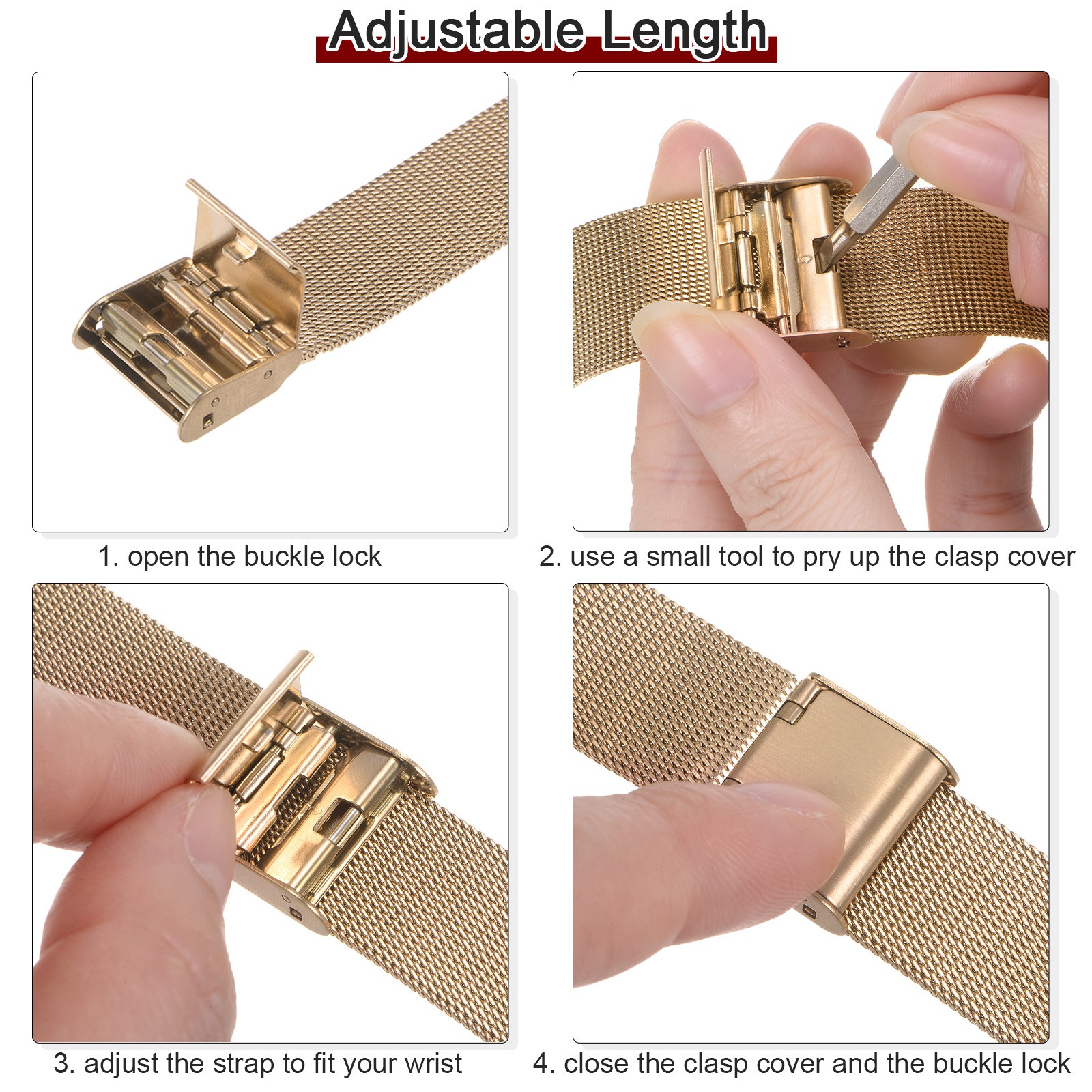 316L Stainless Steel Mesh Watch Band 15mm Quick Release Adjust Strap – Gold