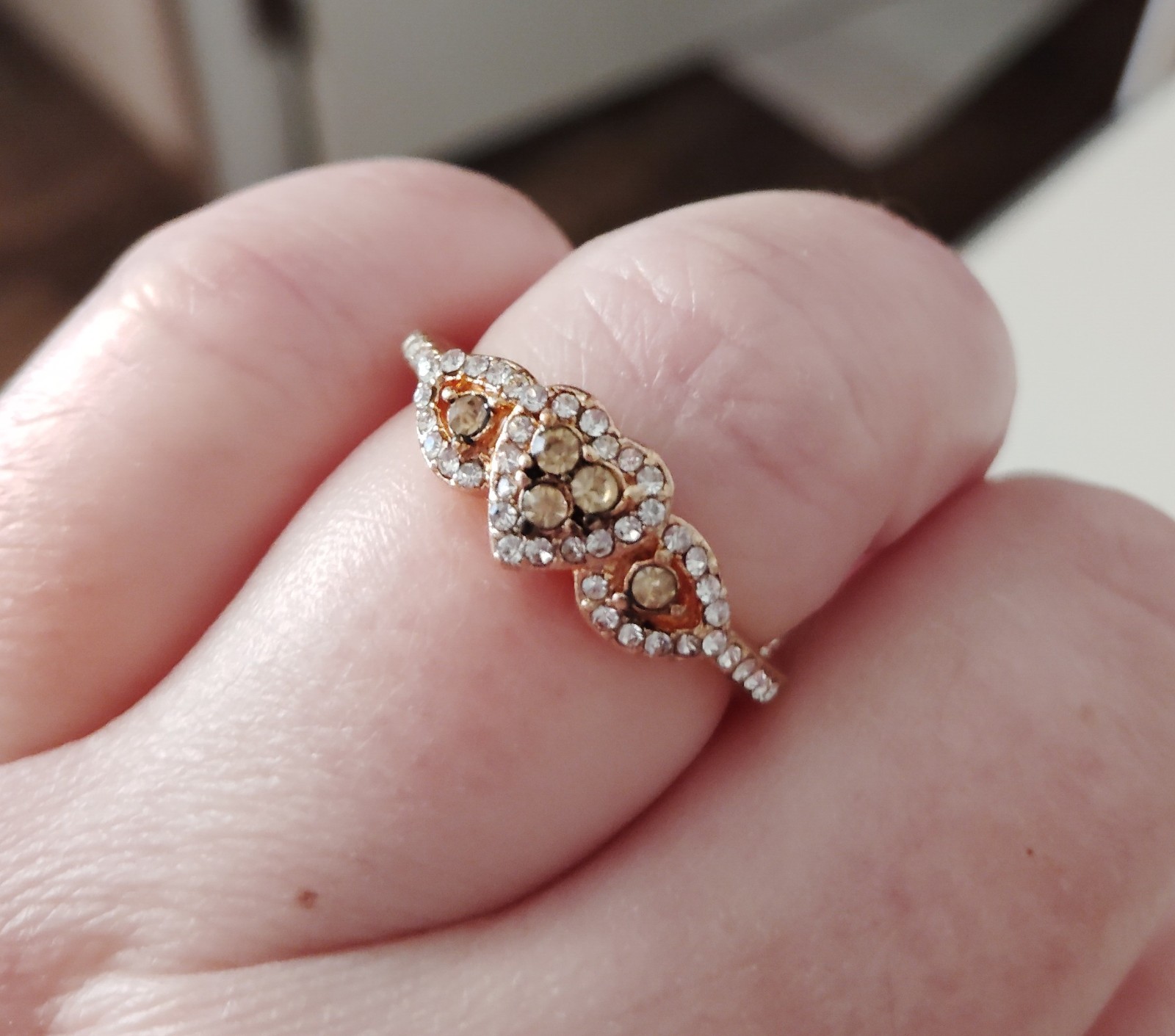 18k Rose Gold Over Sterling Silver Cognac + White Gemstone Heart Love Ring sz 9