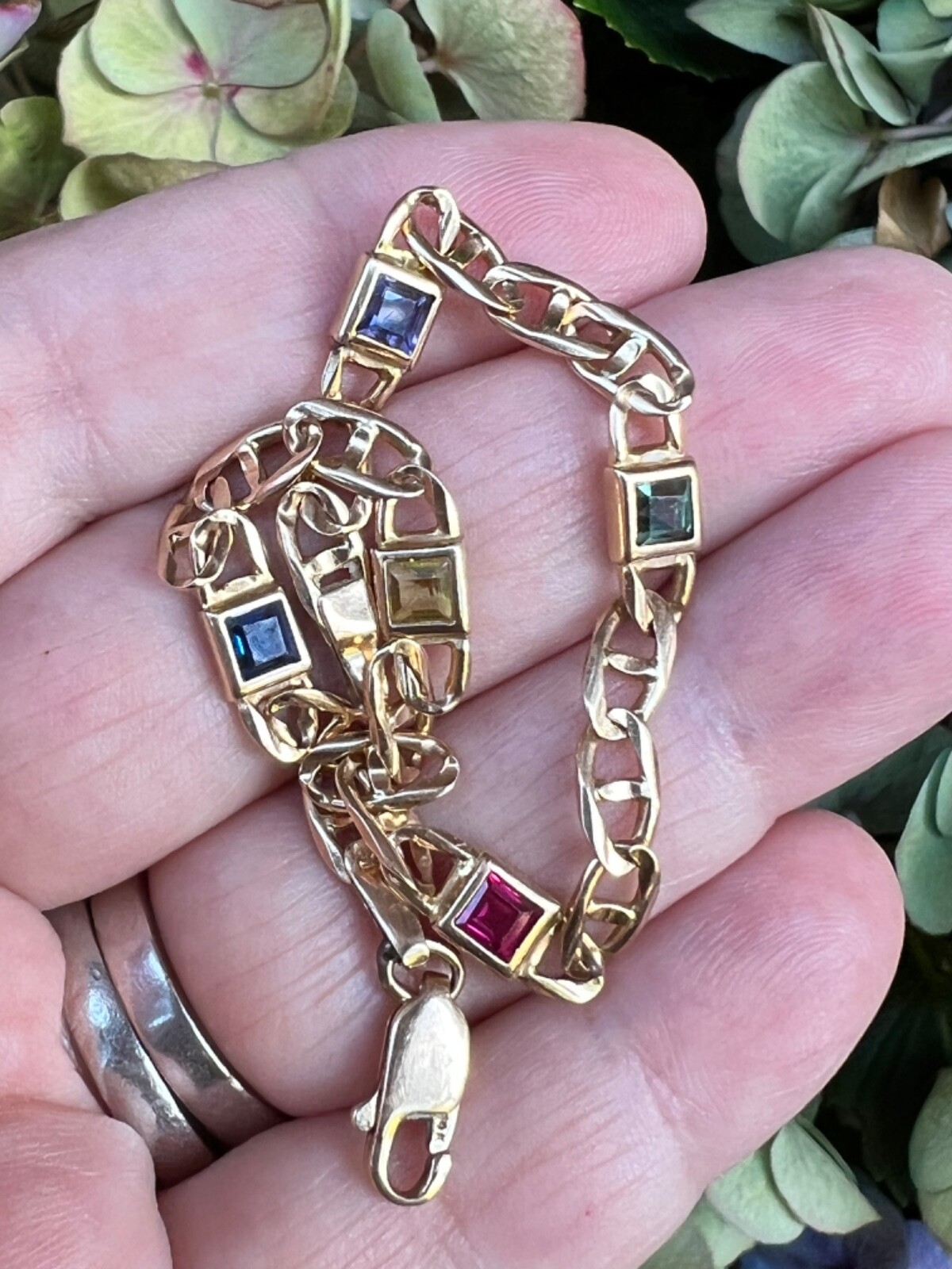 14K YELLOW GOLD MULTI GEMSTONES FIGARO BRACELET MADE IN ITALY CANDY COLORS