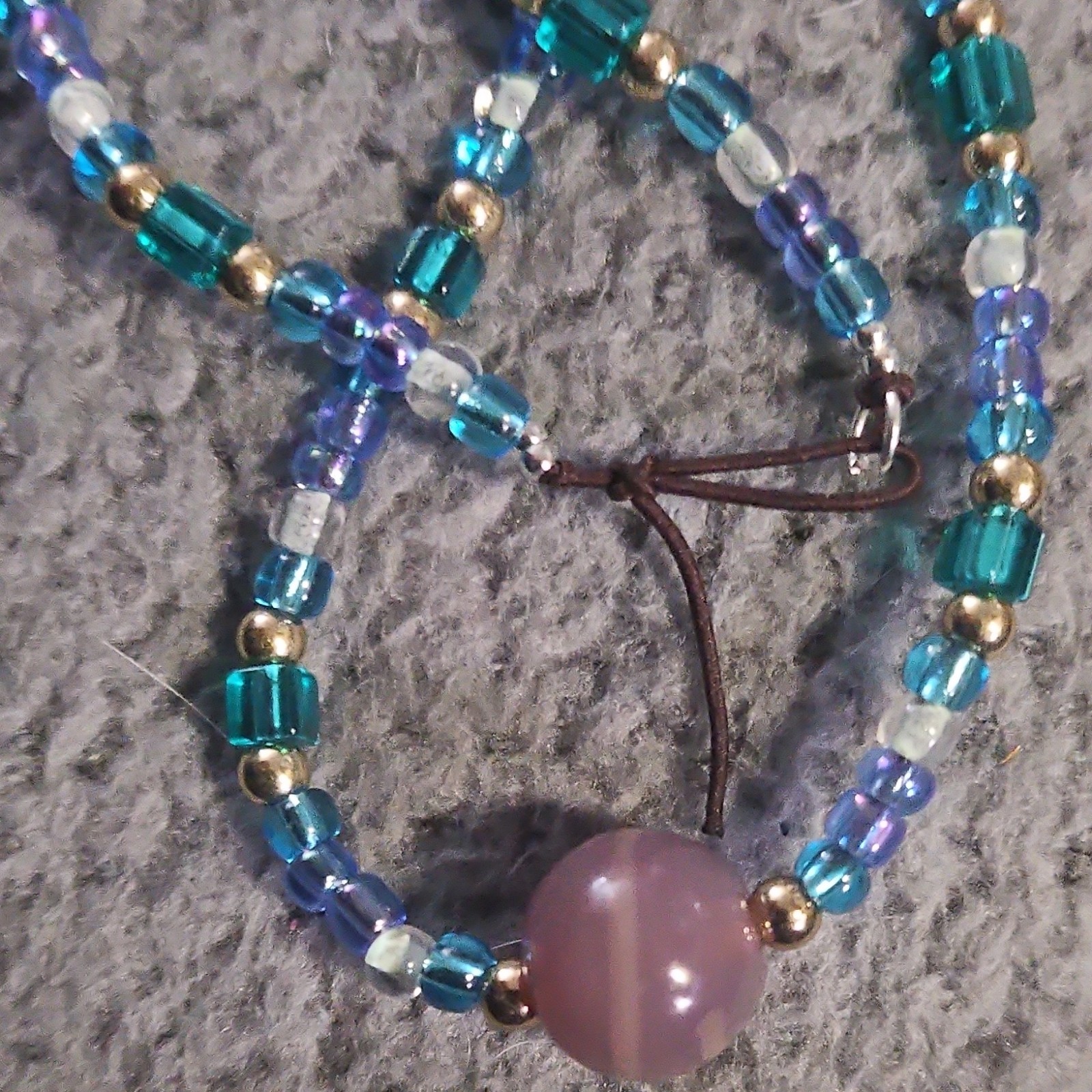 Beaded Necklace Blue Purple Gold Glass Round Pendant Tie Closure