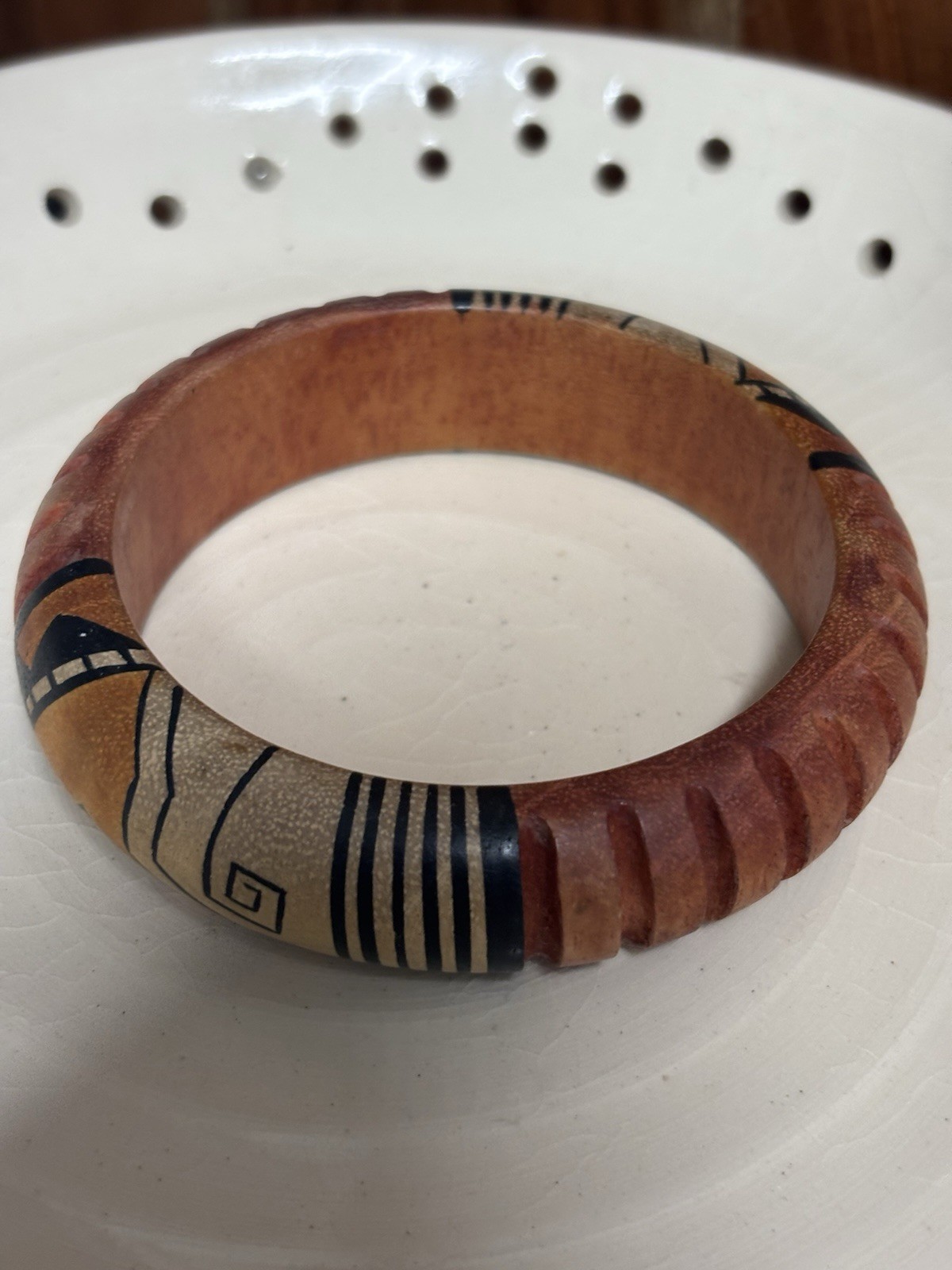 Vintage Hand Crafted Painted Wood Bangle Bracelet. Brown, Black, White.