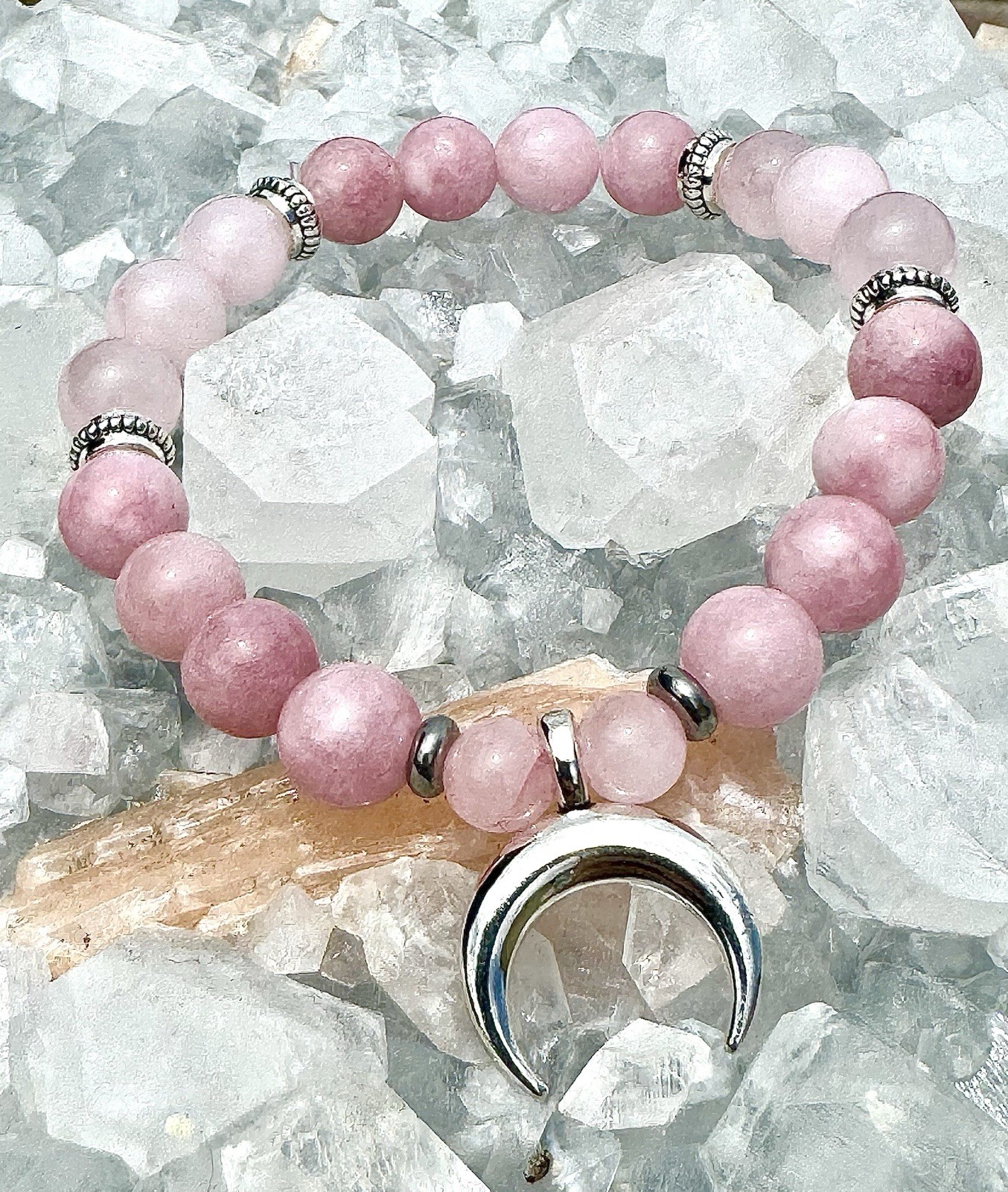 High Quality Kunzite And Rose Quartz Bracelet With Silver Plated Crescent Moon