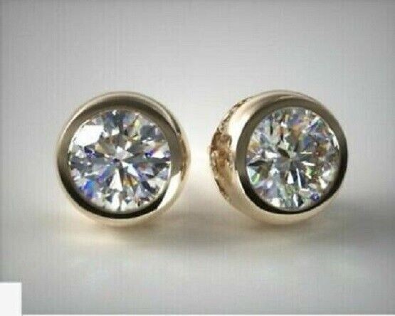 4 Ct Round Cut Simulated Diamond Bezel Set Stud Earrings 14K Yellow Gold Finish
