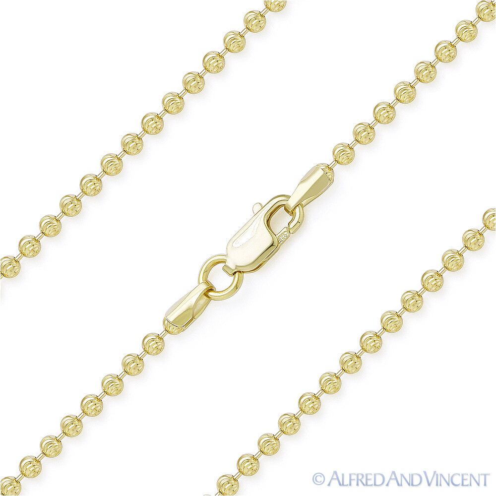 2mm Moon Cut Bead Link 925 Sterling Silver 14k Yellow Gold-Plated Chain Necklace