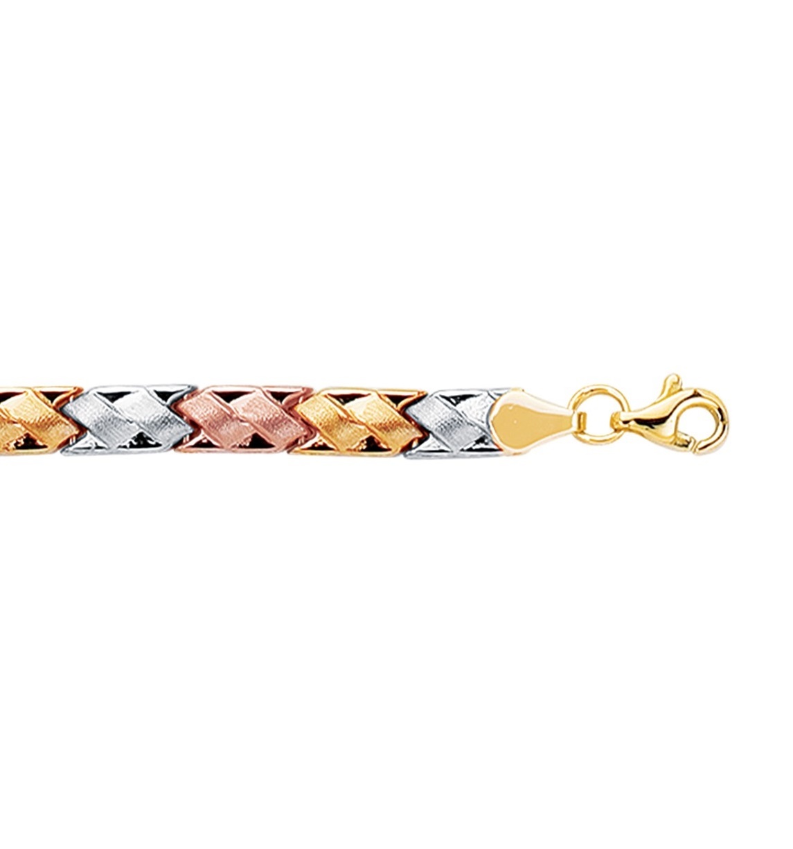 Tri Color Gold Bracelet 14k Yellow White Rose Gold Striped Weaved Design 7.25″