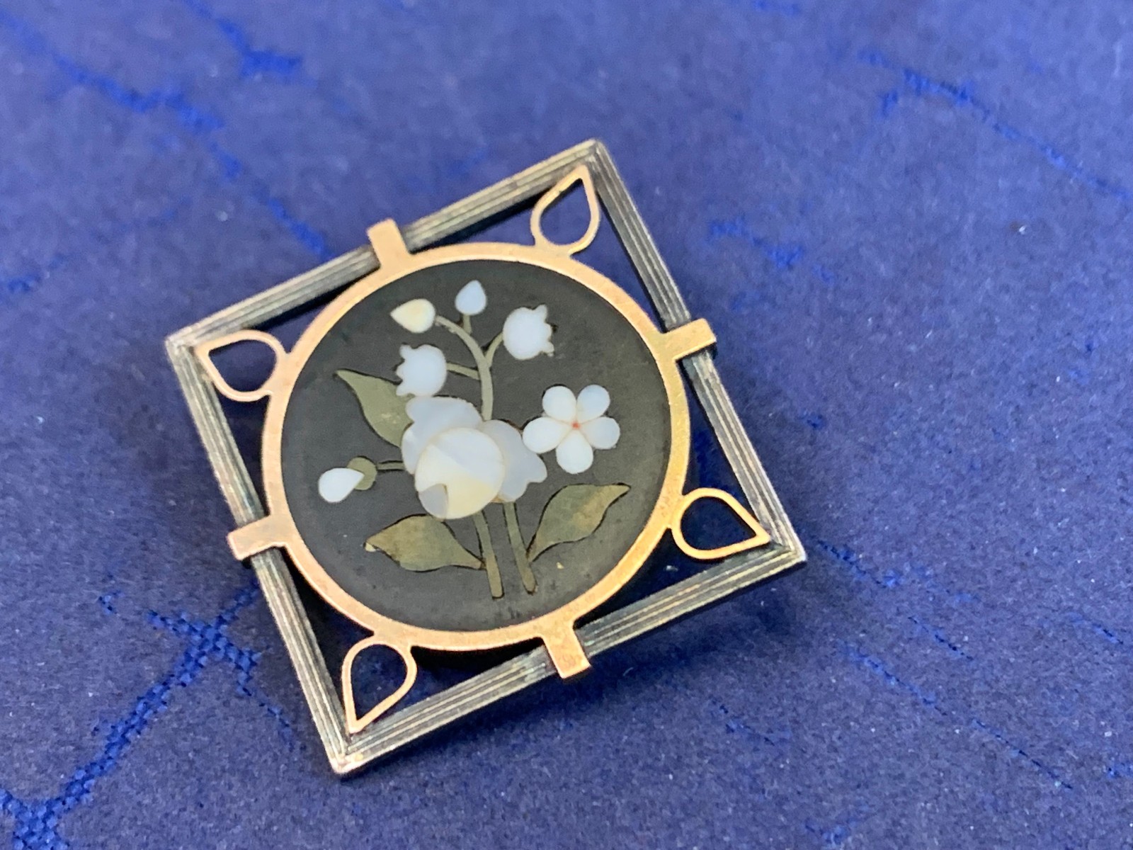 Vtg Pietra Dura Sterling Silver Gold Filled Floral Brooch Jewelry Flower Pin