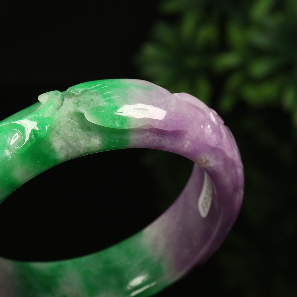 55mm Lavender Purple Green Jadeite Jade Bangle Bracelet Ruyi Fish Lotus A-14535