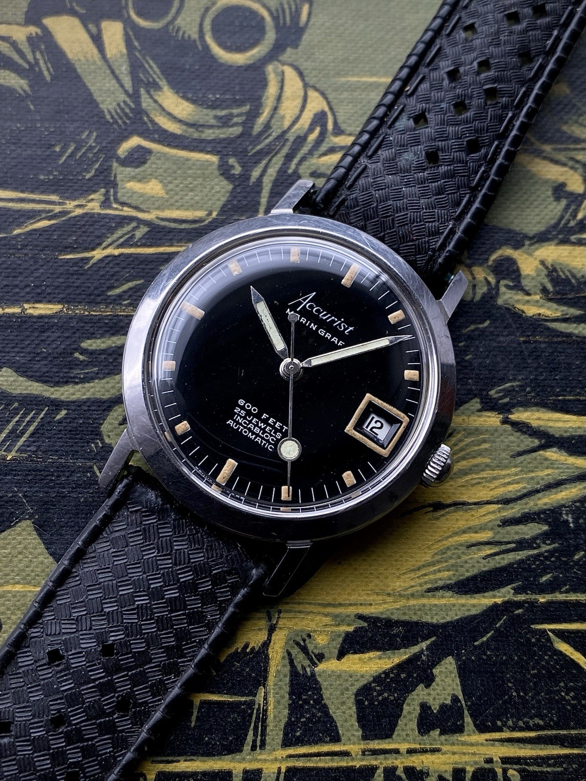 1960s Accurist Marin Graf 600 feet black dial Divers watch ETA 2452 date Tropic