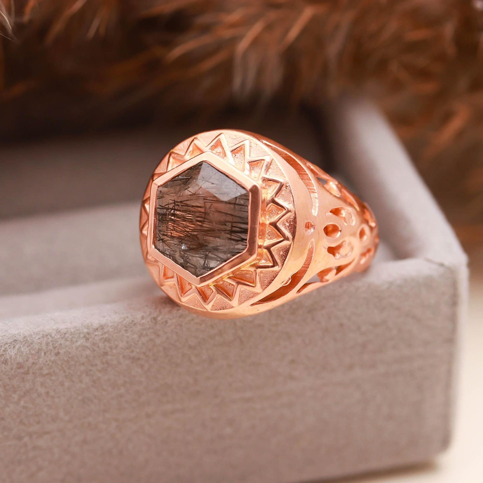 Natural Black Rutile Hexagon Ring Rose Gold Plated 925 Sterling Silver Jewelry