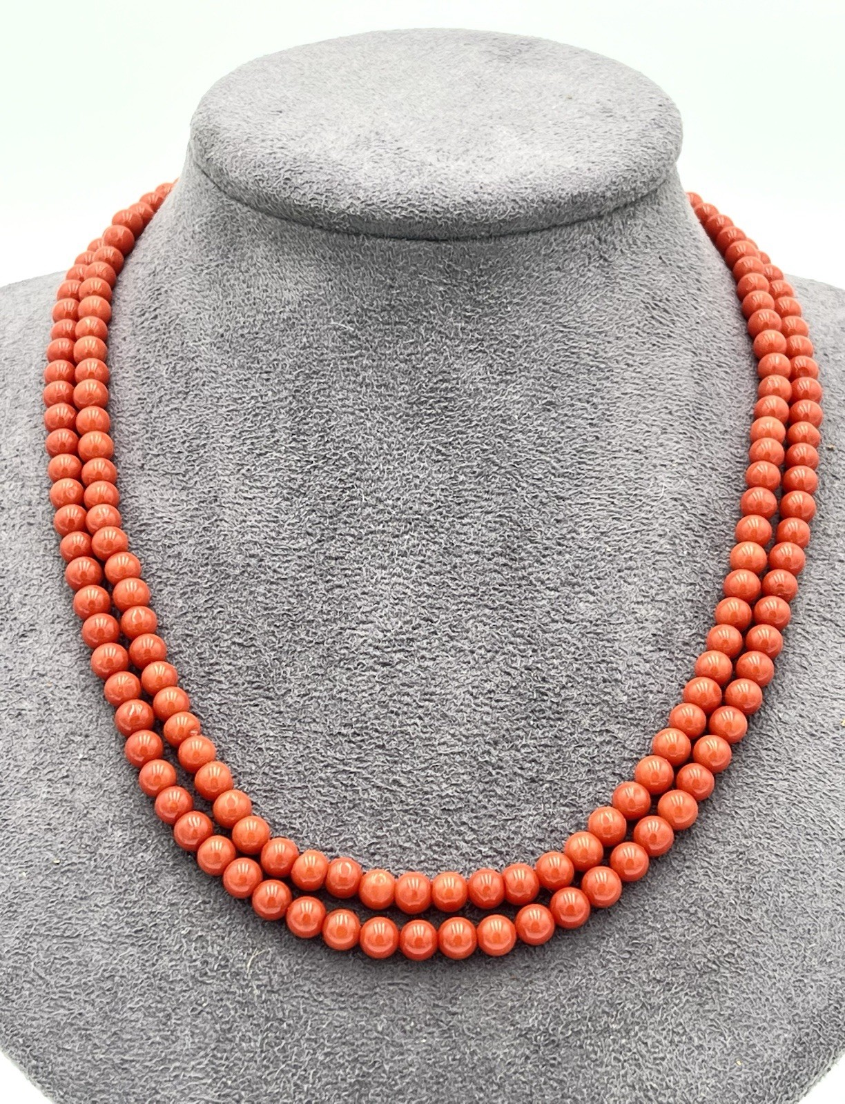 Mediterranean Red Coral Necklace 2 Strands 5mm 18kt Gold Handmade Made In Italy