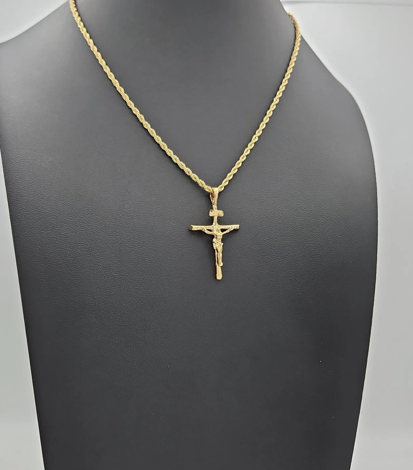 Gold Crucifix Necklace, 2mm DC French Rope Chain, 14k Heavy Plated Gold, Unisex