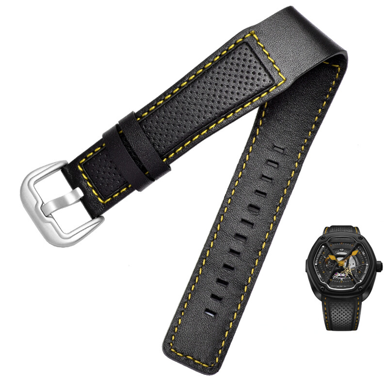Genuine Leather Wristband Watch Bund Strap for Dietrich OTC-AO1 OT-3 Black 24mm