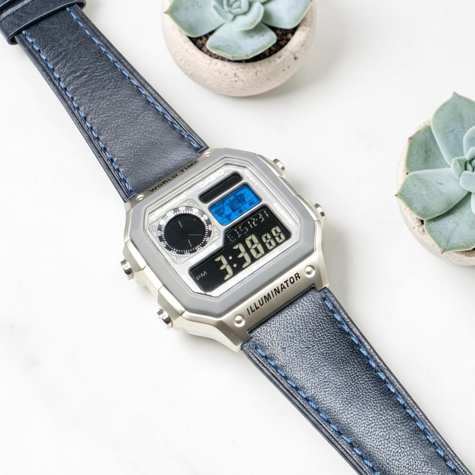 Silver CASIO AE-1200WHD. Royale Watch Mod. Negative Display. Blue World Map
