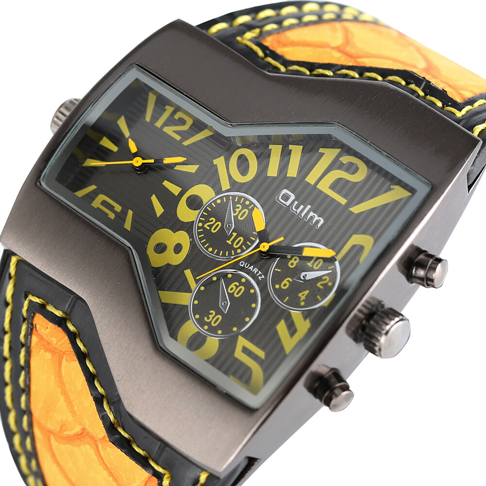 OULM Steampunk Style Two Time Zone Mens Watches PU Leather Quartz Wristwatch