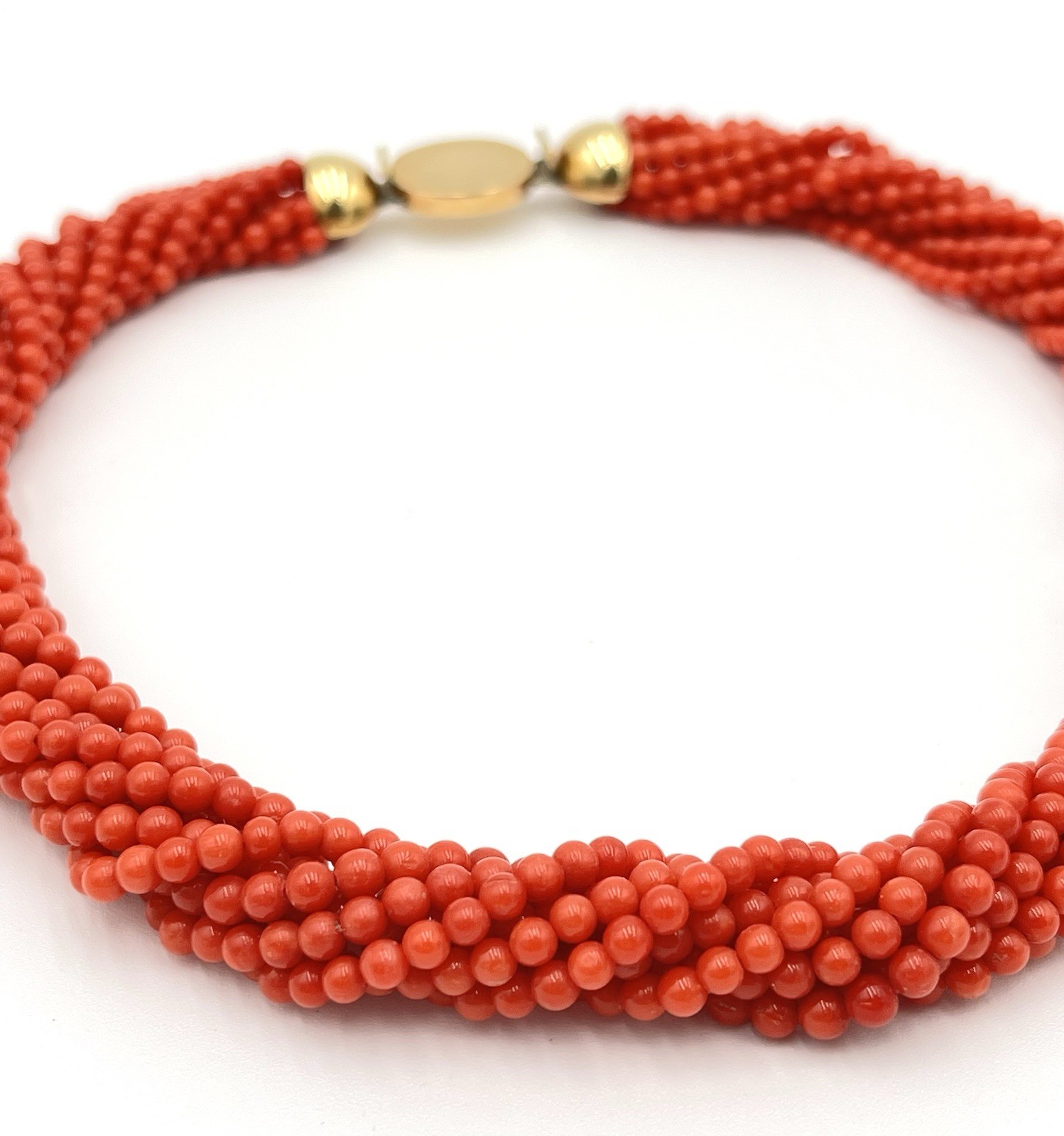 Mediterranean Red Coral Torchon Necklace 9 Strands 4mm 18kt Gold Natural Handmade