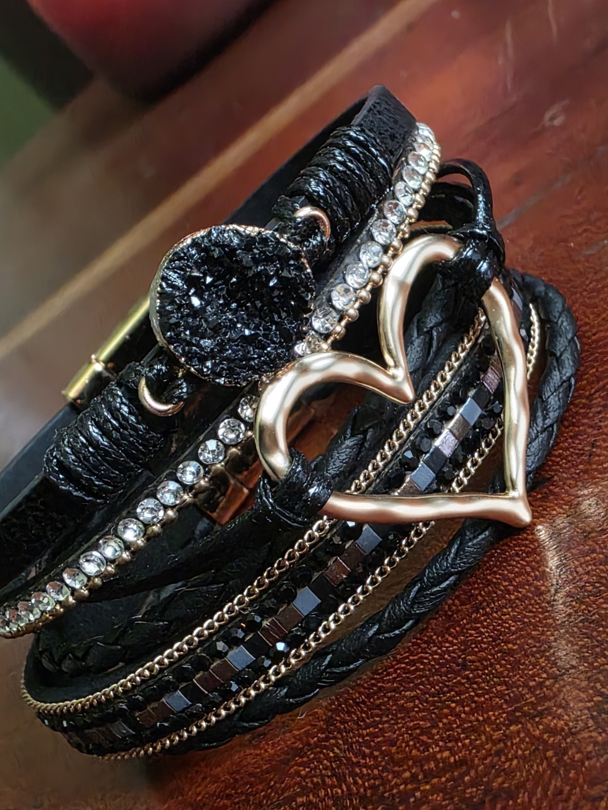 NEW Multi Band Black Leather Bracelet Featuring, Metal Heart Charm & Crystal
