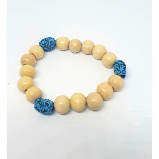 Stretchy Beaded Bracelet Beige Wooden Beads with 3Accent Blue Bead W/Charm 7.75