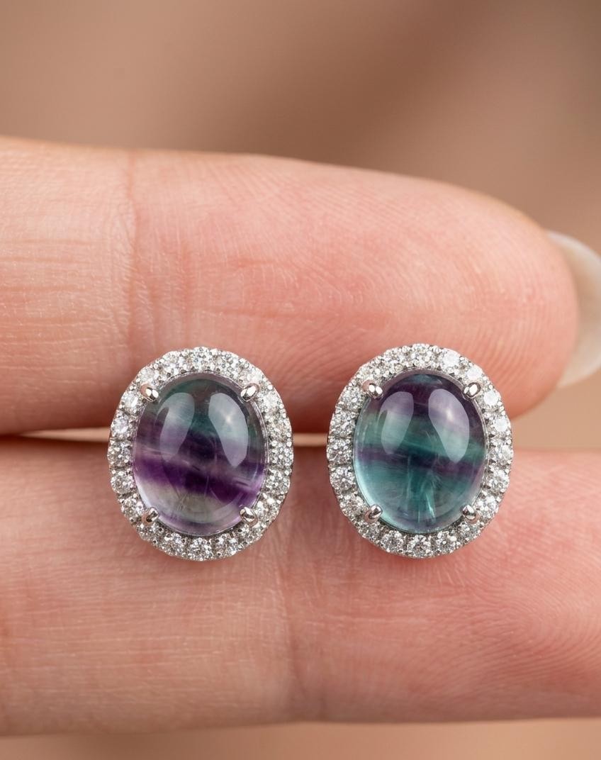 Natural Fluorite Stud Earrings 925 Sterling Silver Gift For her Women