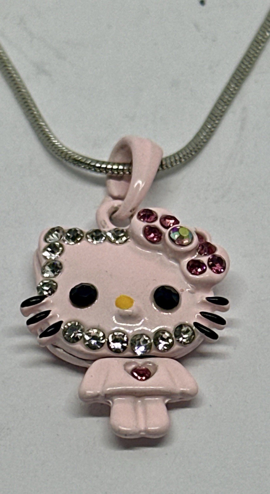 Hello Kitty Rhinestone Pink Charm Silver Tone Chain 16″ Pendant Necklace