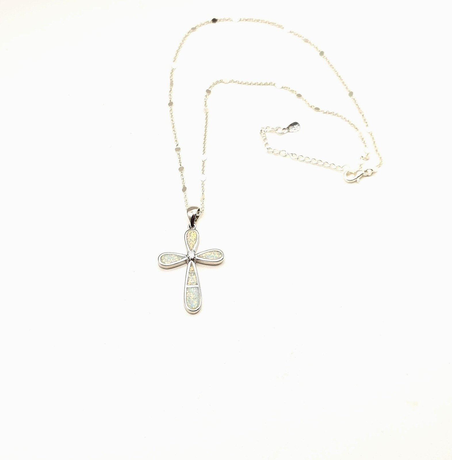 Silver Opal Cross Pendant – Adjustable Necklace – Christian Gift for Her