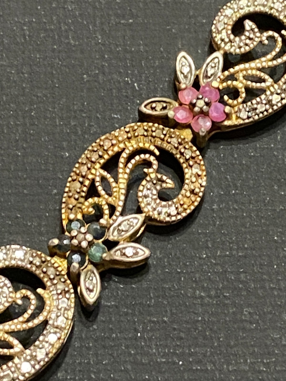 Vintage 925 Sterling Silver Gold Plated Filigree Gemstone Bracelet 7.5″ TDL