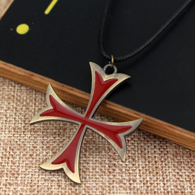Vintage Knight Templar MALTESE CROSS IRON CROSS PEWTER PENDANT CORD NECKLACE RED