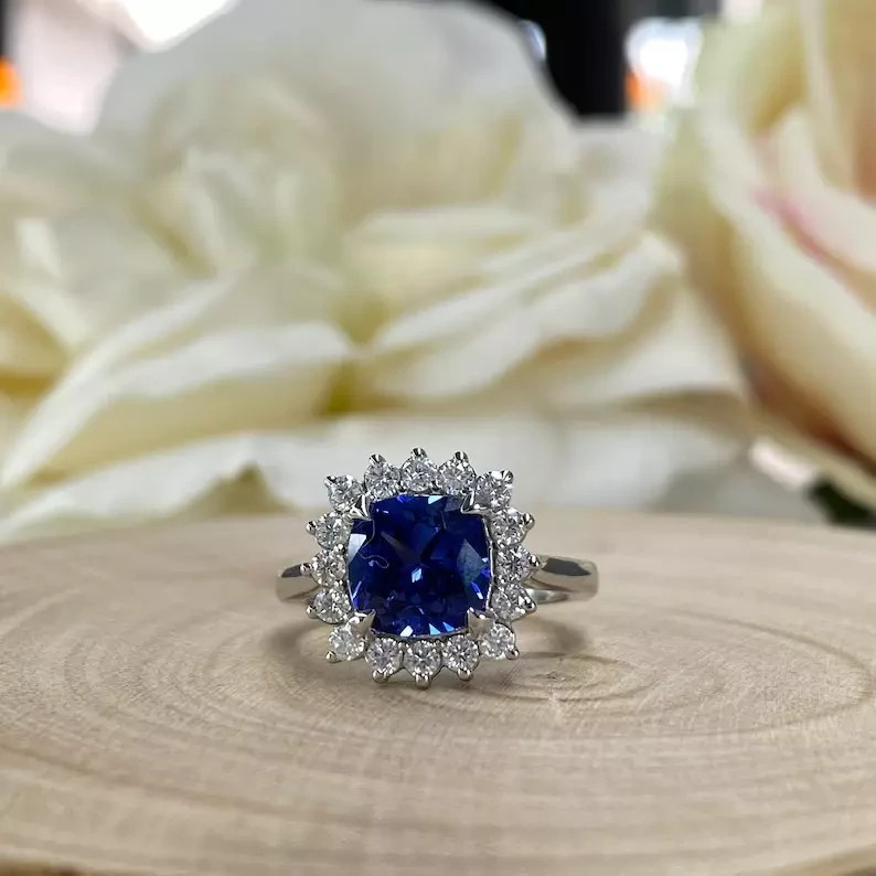 3.00 Ct Cushion Natural Sapphire & Diamond Engagement Ring 14K White Gold Size 5
