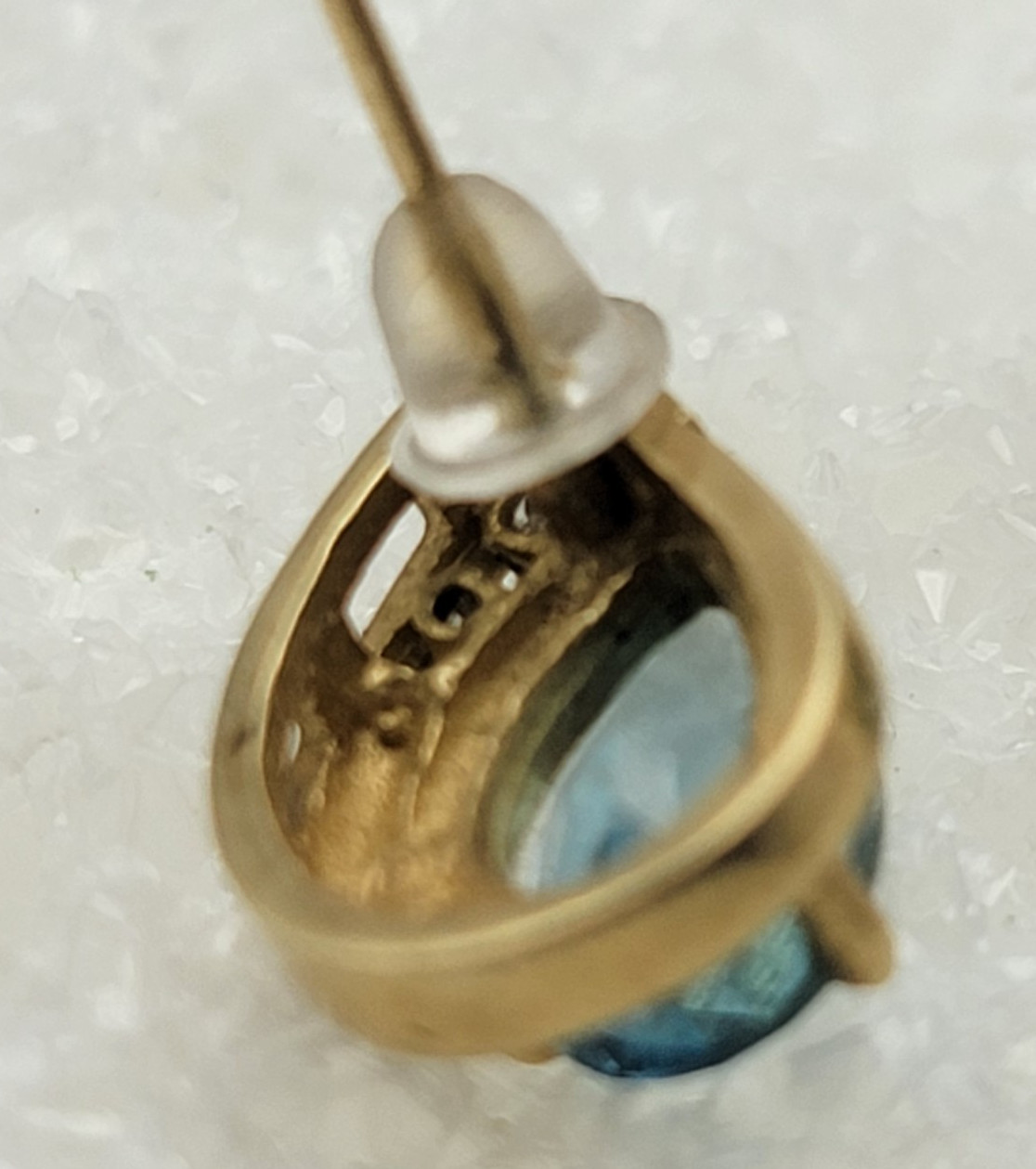 10K Yellow Gold Blue Topaz & Diamond Teardrop Stud Earrings 13mm Vtg. Signed Aj