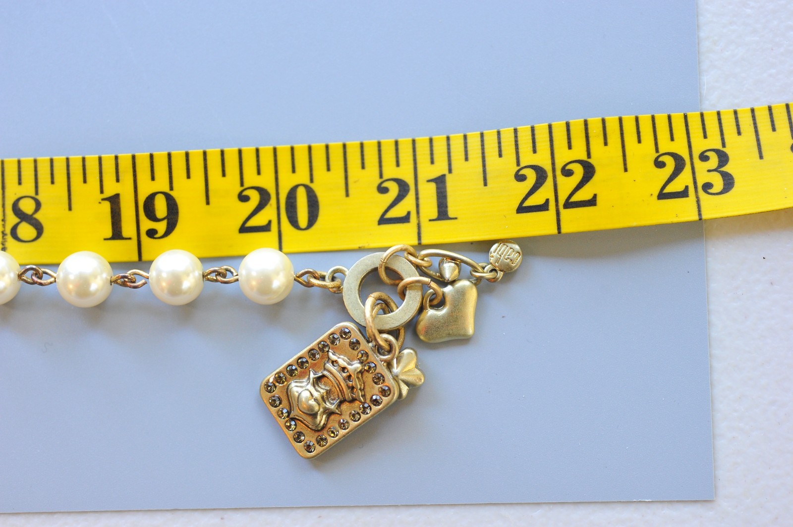 CAbi Necklace Gold Tone Rhinestone Faux Pearl charms dangle statement A