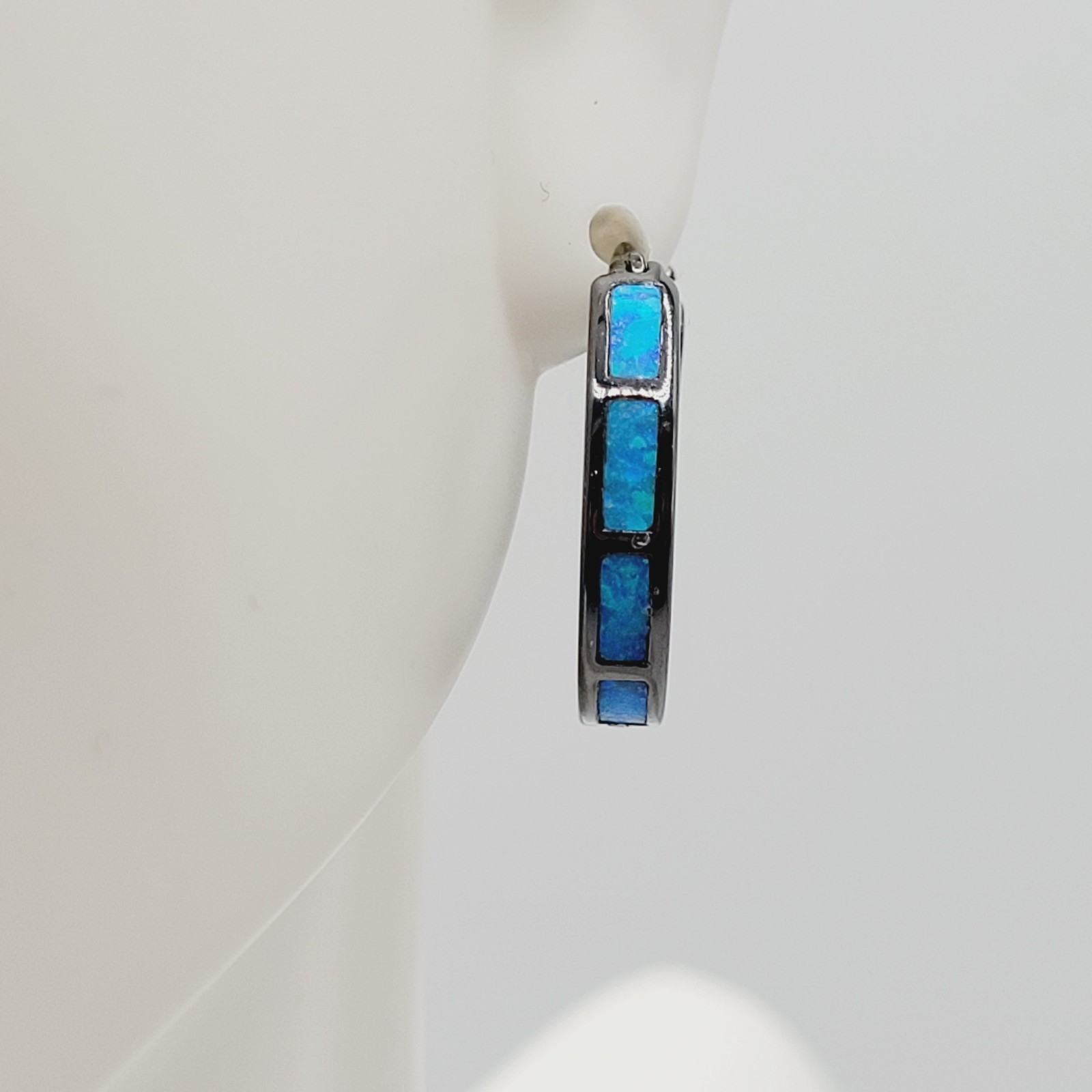 Blue Shade Opal Lab Created Inlay Dark Gunmetal Tone Small Hoop Pierced Earrings