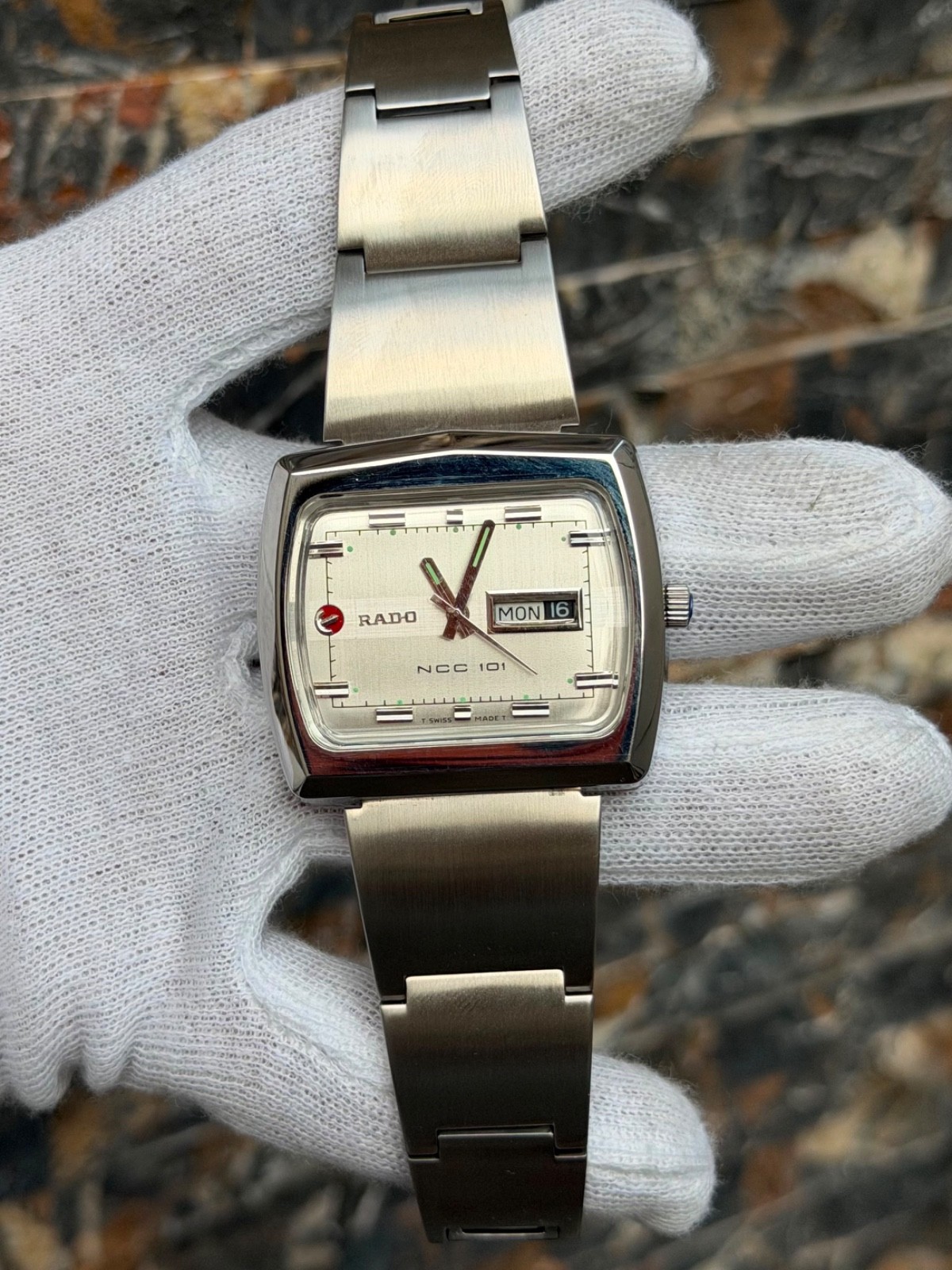 vintage Rado NCC 101 automatic watch featuring a silver TV-shaped case