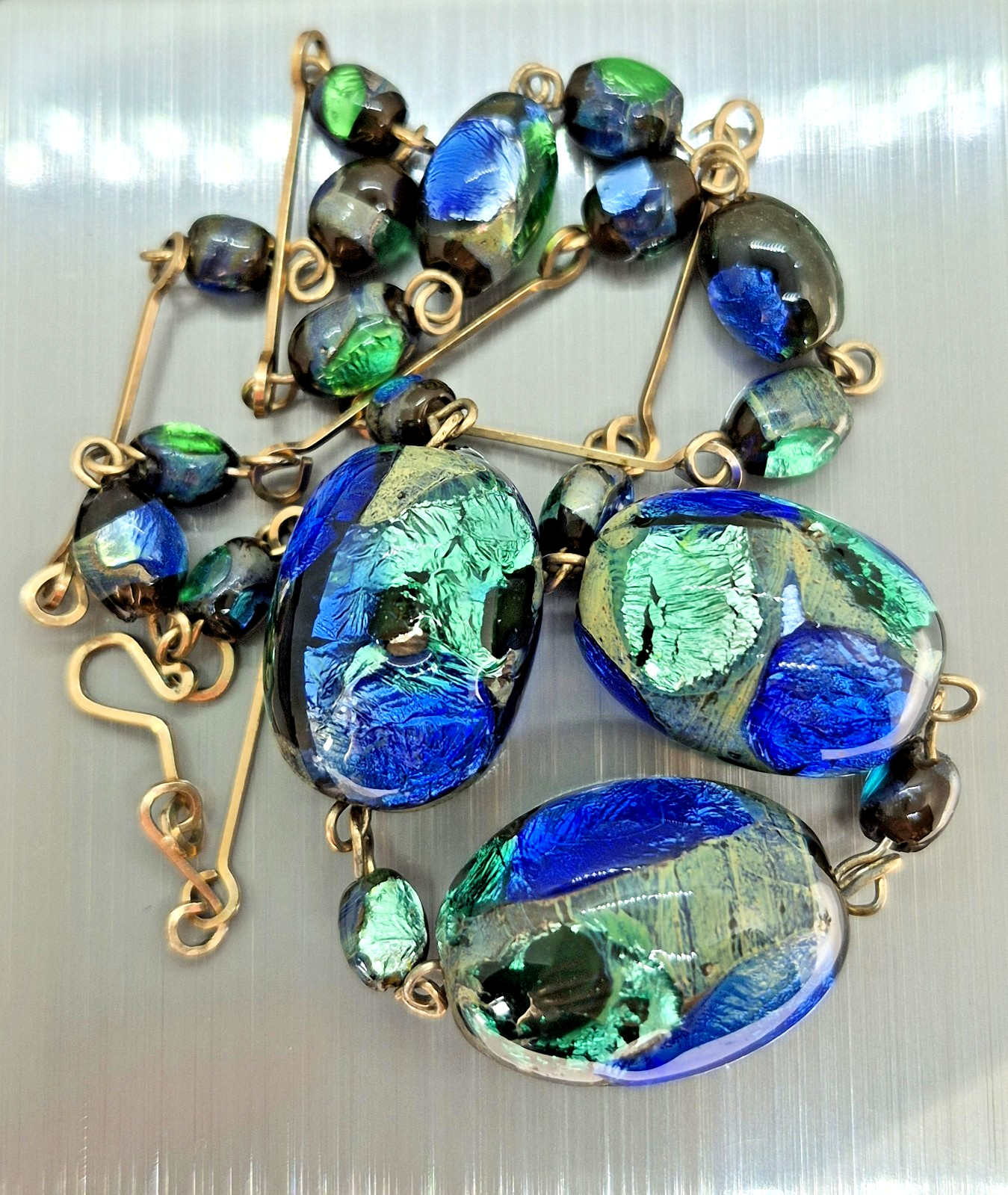 Vintage Art Deco Venetian Green, Blue & Black Foil Glass Bead Necklace 18″