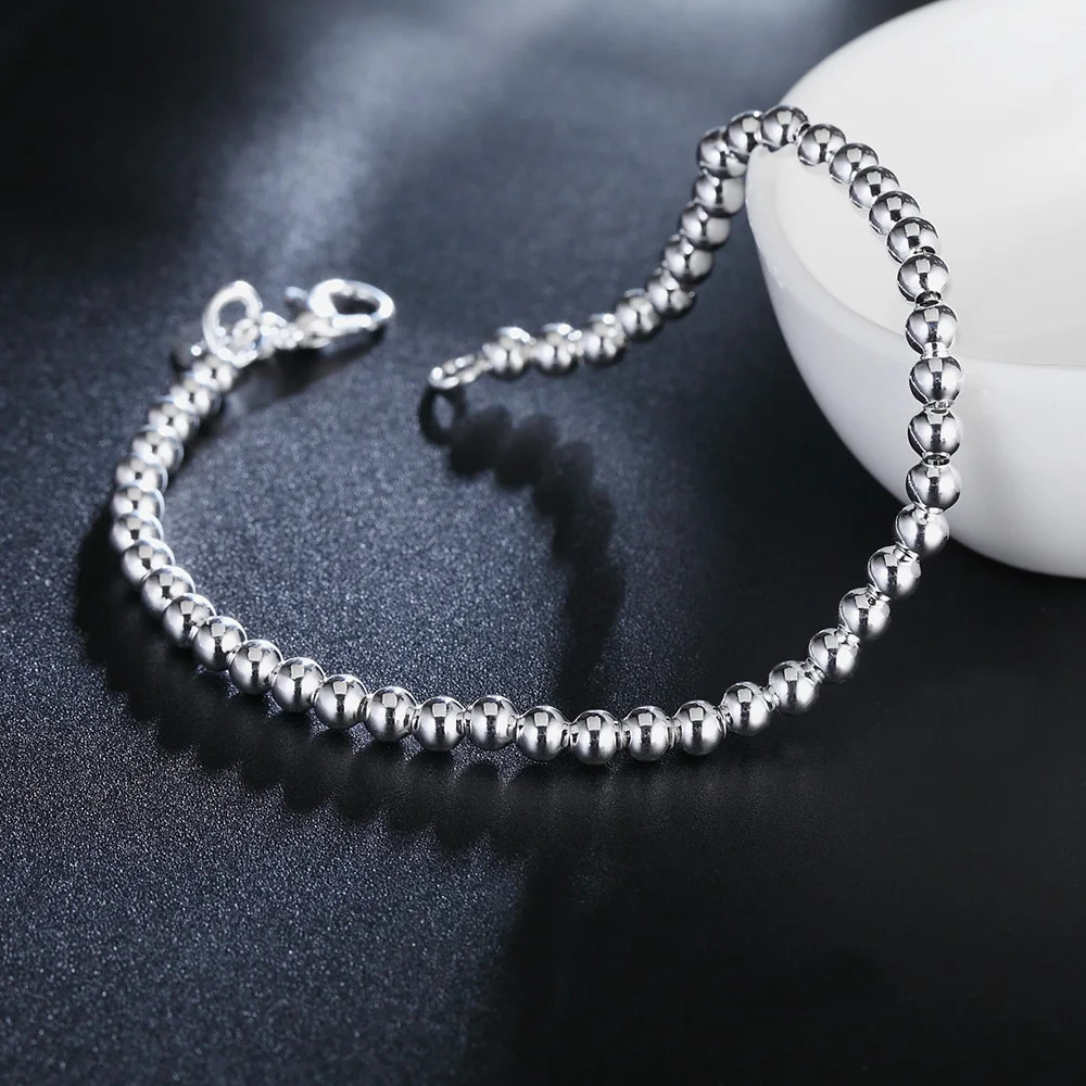 2PCS Hot 925 Sterling Solid Silver Jewelry 4MM Solid Beads Bracelet For Women