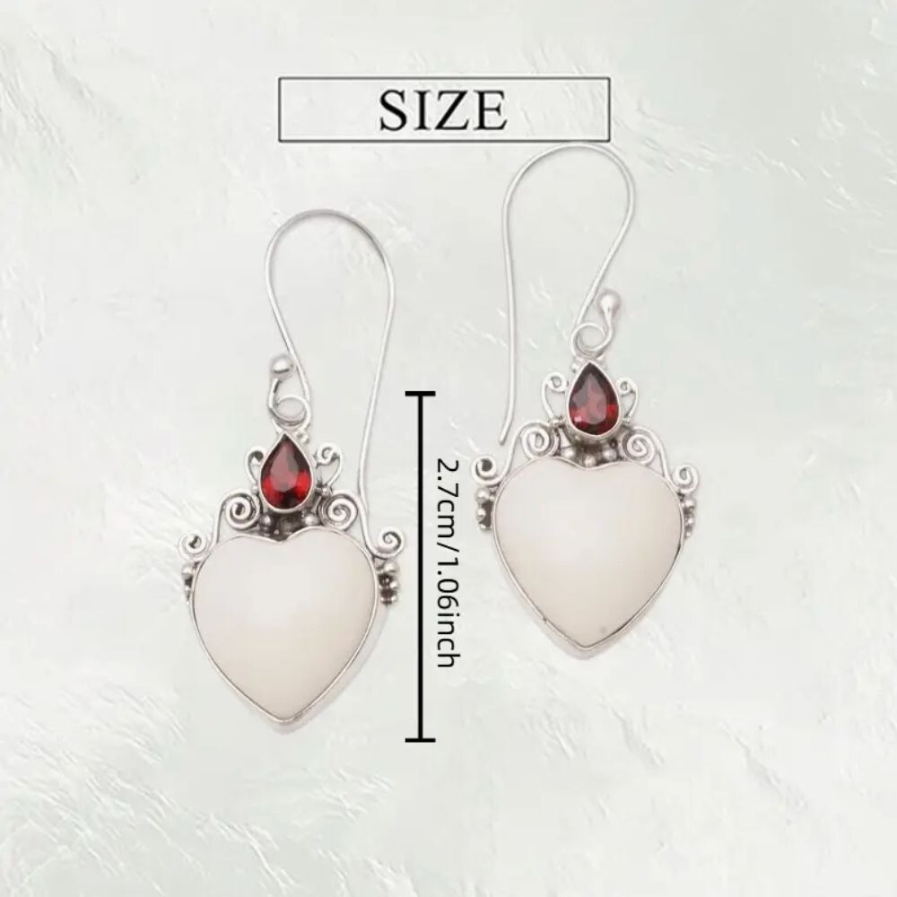 Heart-Shaped White & Red Gemstone Sterling Silver Dangle Earrings