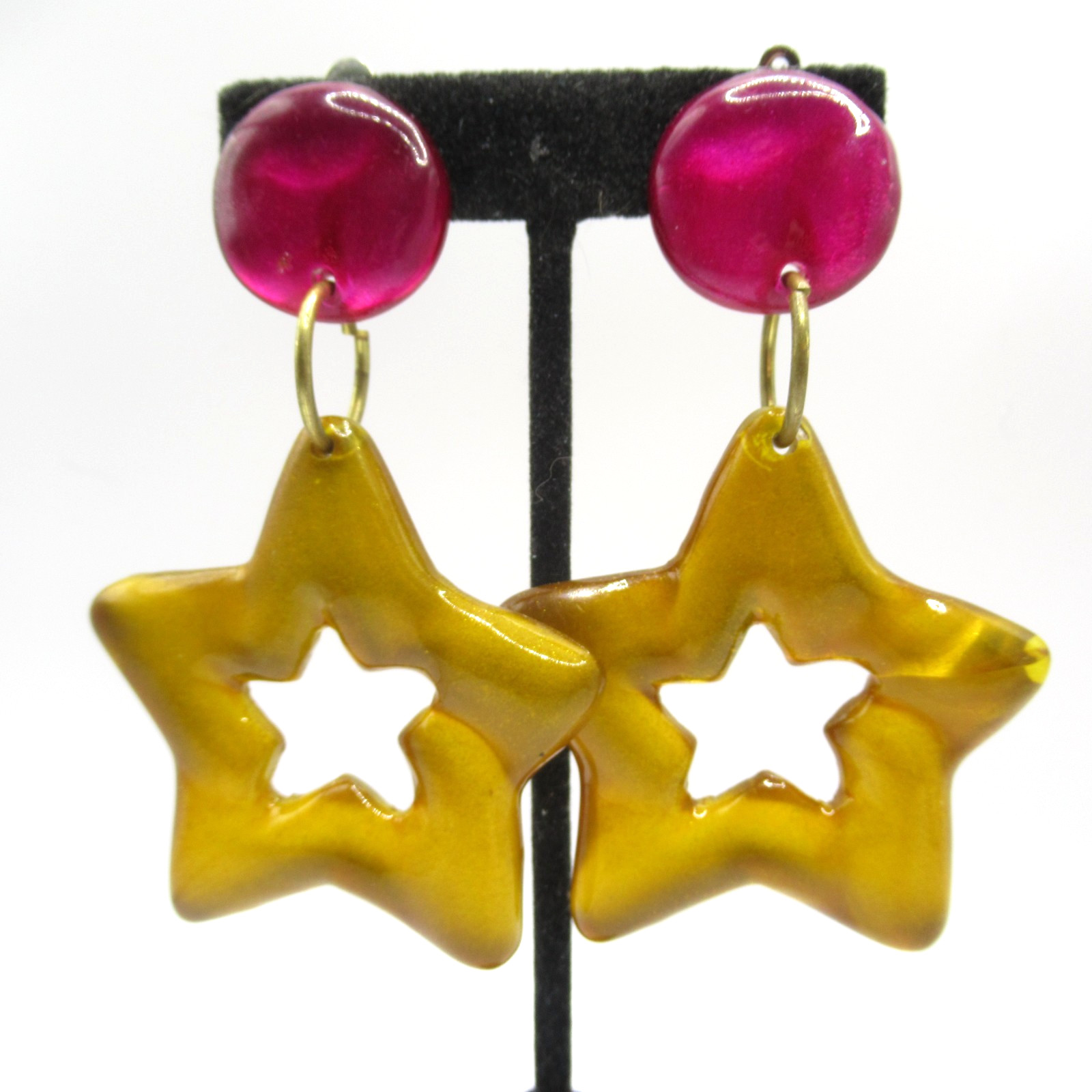 Large Clip On Earrings Plastic Fuscia Purplish Pink and Gold Tone Stars AS IS