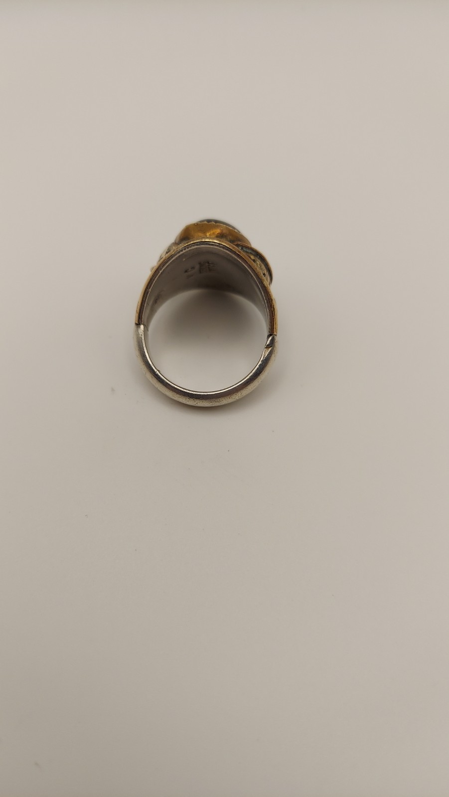 mens native signed KC, sterling silver and 12k gold filled ring, black onyx, 10