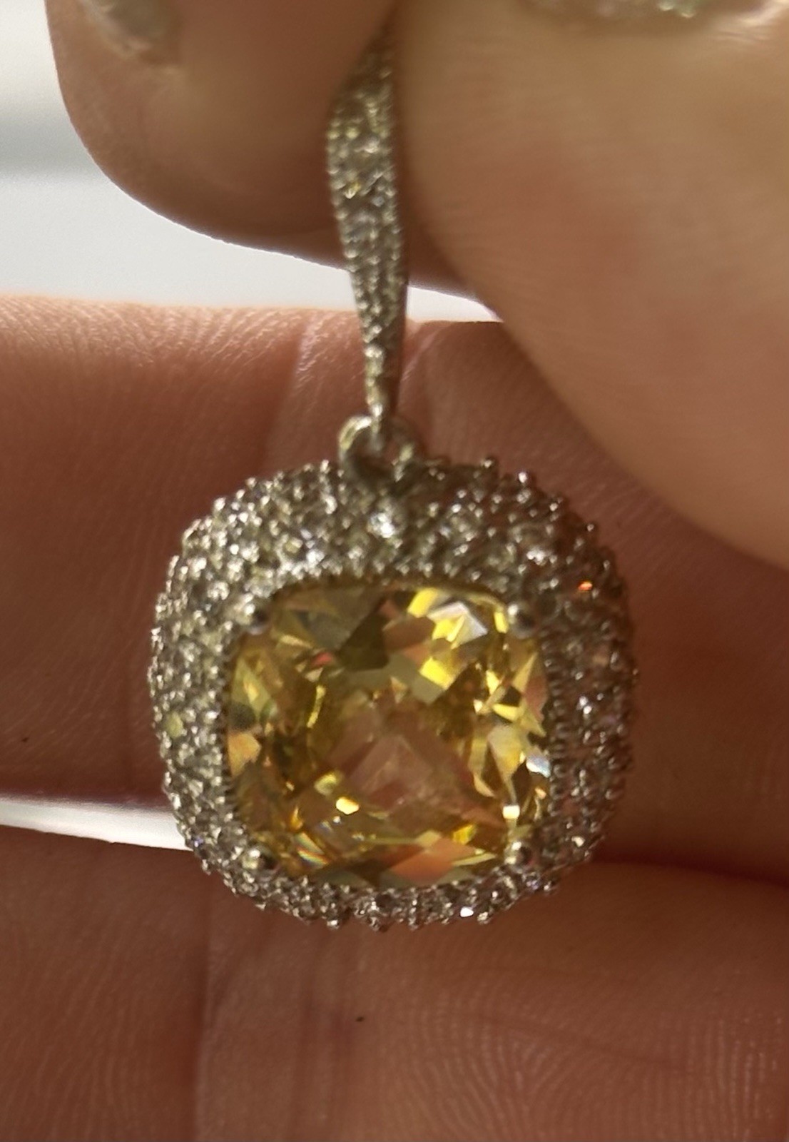 925 Sterling Silver Yellow Cushion Cut Halo Drop Earrings – Unknown Gemstone