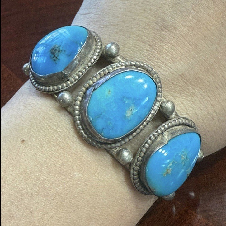 950 Silver Cuff Bracelet 3 Oval Blue Turquoise Cabochons Bezel Set