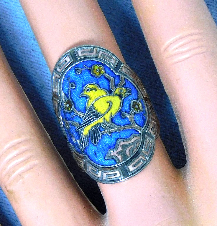 Vtg Chinese Export Sterling Silver Cloisonne Enamel Lovebirds Cigar Band Ring