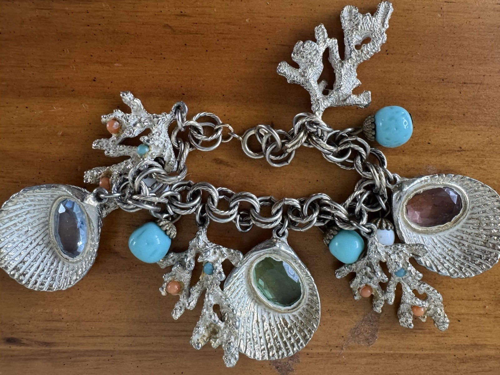 Vintage Chunky Sea Shell Charm Bracelet Coral Starfish Shell Nautical Crystal