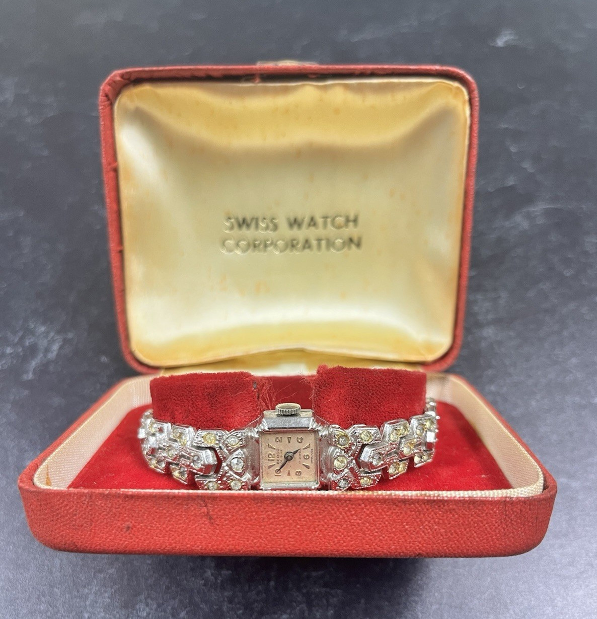 Vintage Berco 17 Jewel Ladies Rhinestone Cocktail Watch With Case