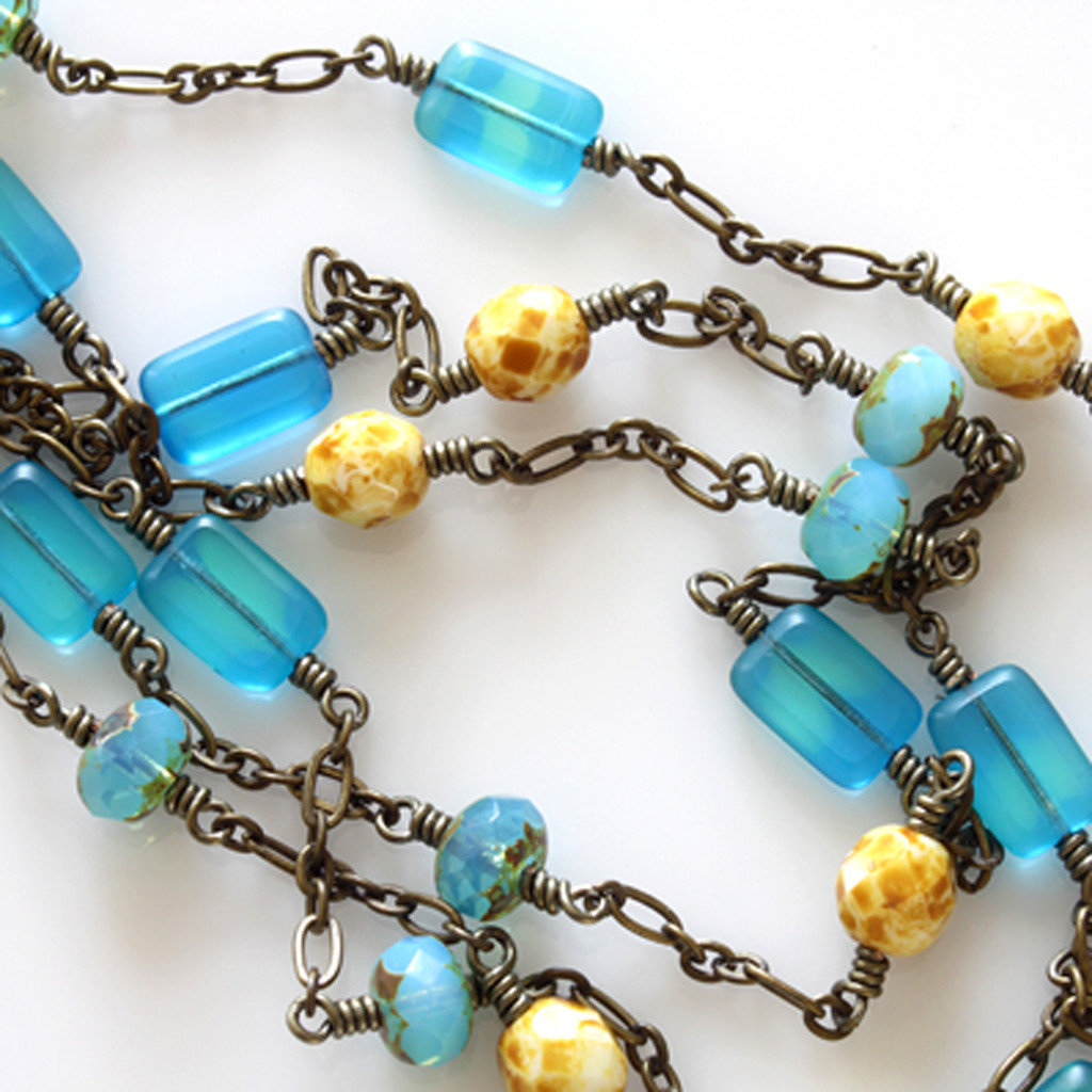 Czech Glass Beads Wire Wrapped Long Necklace